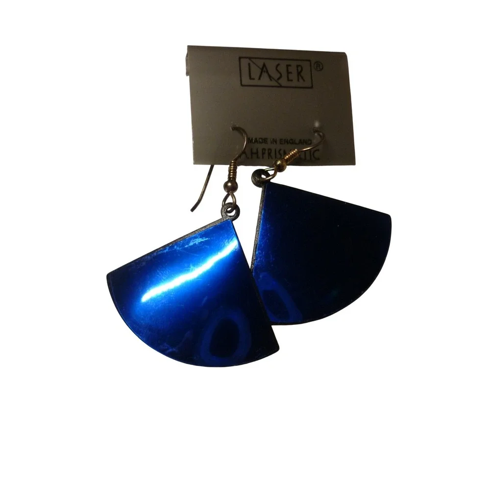 Laser Vintage Cobalt Blue Prismatic Fan Drop Earrings Made in England Retro‎ 80s